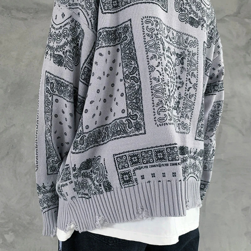 hip hop paisley printed ripped knitted holes sweater mens autumn winter long sleeve pullover streetwear loose sweaters clothing oversized graphic print design, aesthetic street look hoodie, high quality cotton pullover