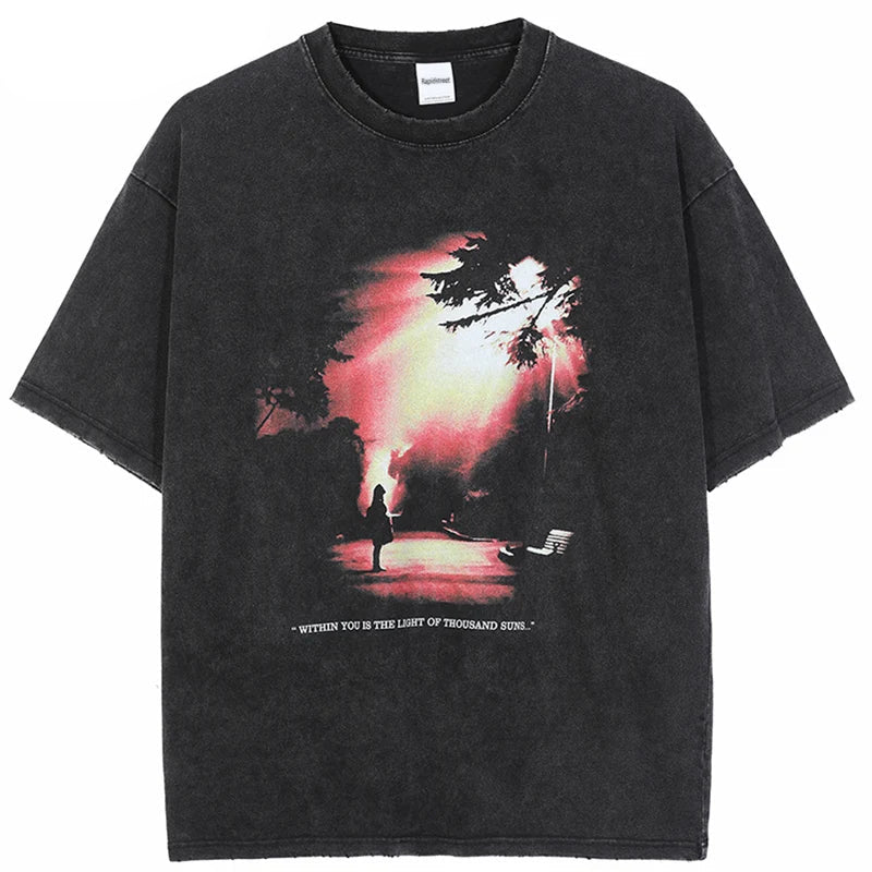 Harajuku Streetwear – Hip Hop Streetwear Washed T Shirt Sunshine Print T Shirt Har – Edgy Streetwear for All Genders