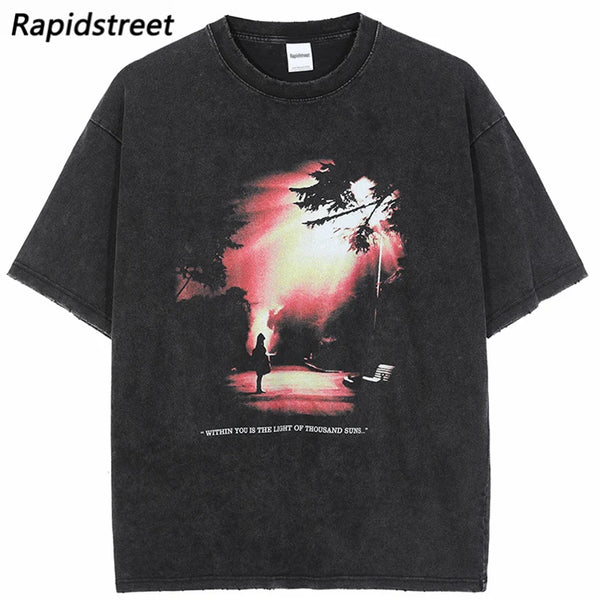 Harajuku Streetwear – Hip Hop Streetwear Washed T Shirt Sunshine Print T Shirt Har – Edgy Streetwear for All Genders