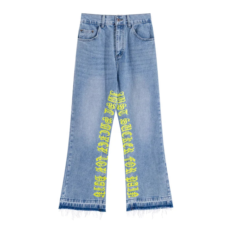 fashion letters embroidery denim flare jeans mens high street elastic waist straight trouser hip hop streetwear pants joggers urban active pants