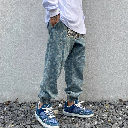 hip hop loose fit elastic waist pants fashion embroidery denim ankle pants mens new casual drewstring sportwear pants joggers urban active pants