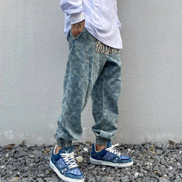 hip hop loose fit elastic waist pants fashion embroidery denim ankle pants mens new casual drewstring sportwear pants joggers urban active pants