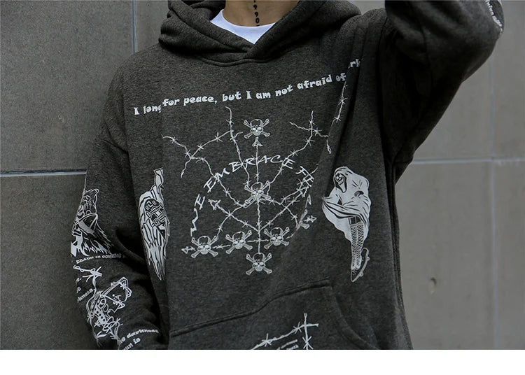 2023 Hip Hop Hoodie Sweatshirt Men Streetwear Skull Graffiti Print Hoodie Pullover Cotton Autumn Grey Harajuku Punk Clothes New