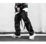 back zipper loose elastic waist cargo pants autumn new streetwear drawstring pants trousers men harajuku twine belts casual pant unique cargo style 4326