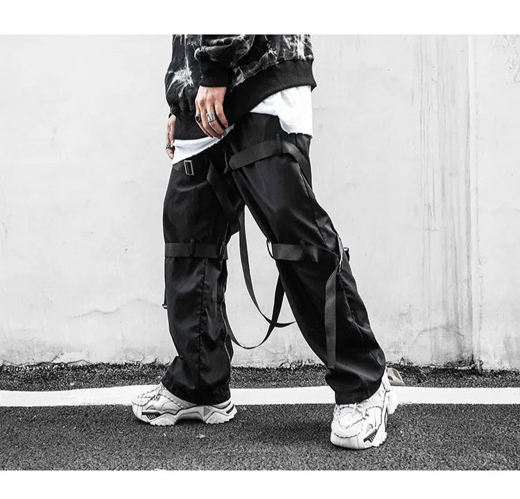 back zipper loose elastic waist cargo pants autumn new streetwear drawstring pants trousers men harajuku twine belts casual pant unique cargo style 4326