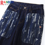 rainbowtouches fashion brand mens jeans high street pants print design long trousers loose straight vintage style boy wide legs unique jeans style 5335