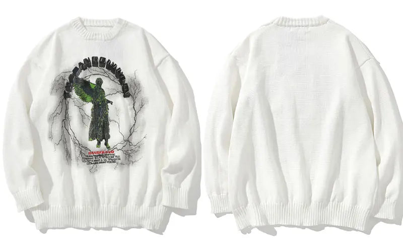 grunge knit sweater with heavyweight fabric, layered urban look for cold weather, street fashion menswear trend for seasonal 