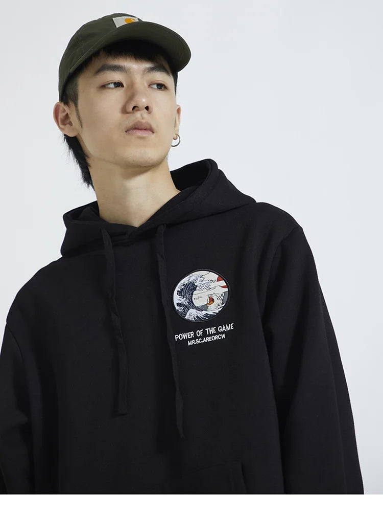 Embroidery Funny Cat Hoodies Sweatshirt Men Hip Hop Winter Fleece Pull