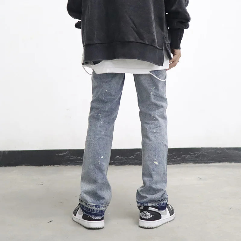 high street washed splash ink retro wide leg flared pants mens straight casual jeans for men harajuku loose denim trousers ripped baggy denim