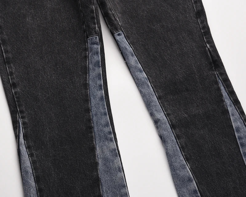 high street washed color match frayed micro flared jeans mens straight spliced retro loose casual denim pants hip hop trousers unique jeans style 29