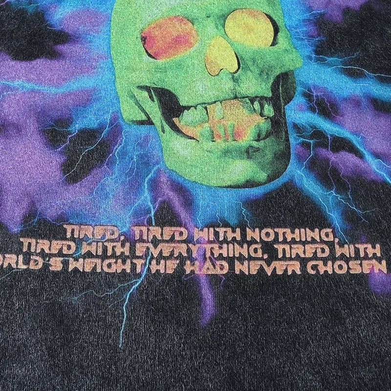 Anime Aesthetic Shirt – Men Streetwear Washed T Shirt Hip Hop Harajuku Skull Lightni – Edgy Streetwear for All Genders