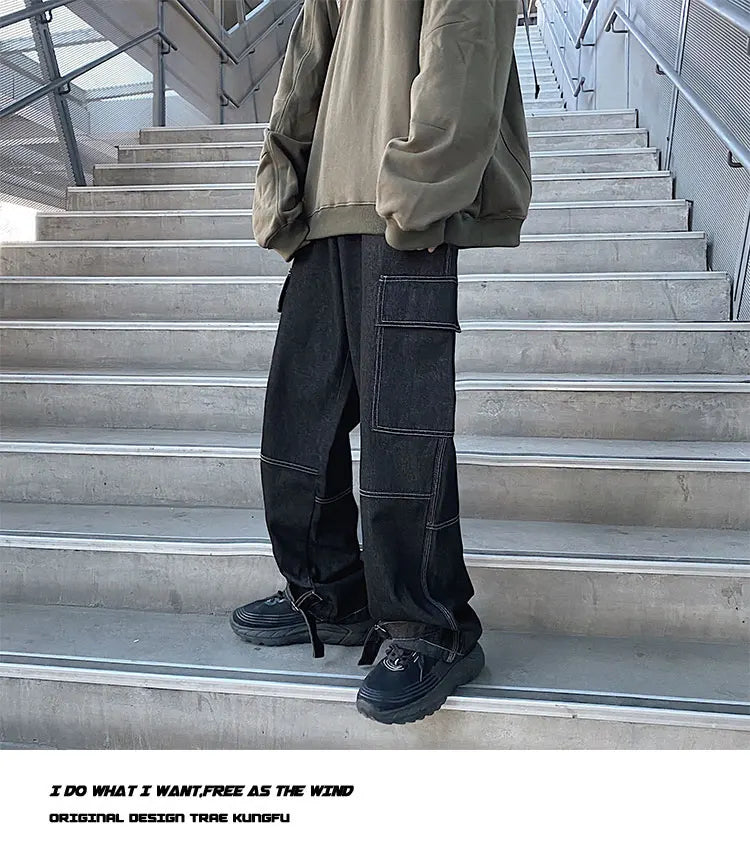 men jeans wide leg denim pants loose straight baggy mens jeans hip hop streetwear skateboard neutral denim trousers cargo jeans unique cargo style 2675