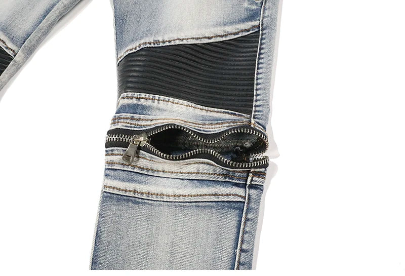 high street pu leather zippers patchwork biker jeans mens stretch denim slim jean pants motorcycle slim trousers hip hop pants unique jeans style 2324