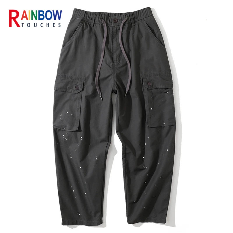rainbowtouches fashion classic brand mens baggy cargo pants soild color trousers loose straight tooling style lace up overalls baggy cargo bottoms