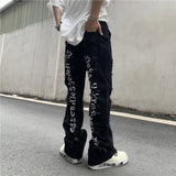 fashion back letters printed denim flare jeans mens zipper straight trouser hip hop destroy holes streetwear jean pants joggers unique joggers style 178