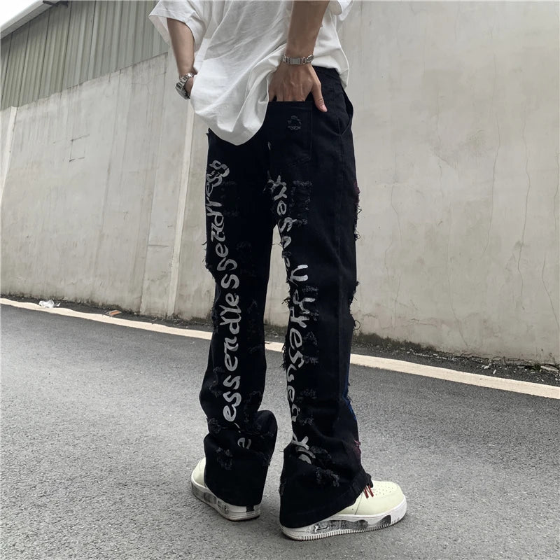 fashion back letters printed denim flare jeans mens zipper straight trouser hip hop destroy holes streetwear jean pants joggers unique joggers style 178