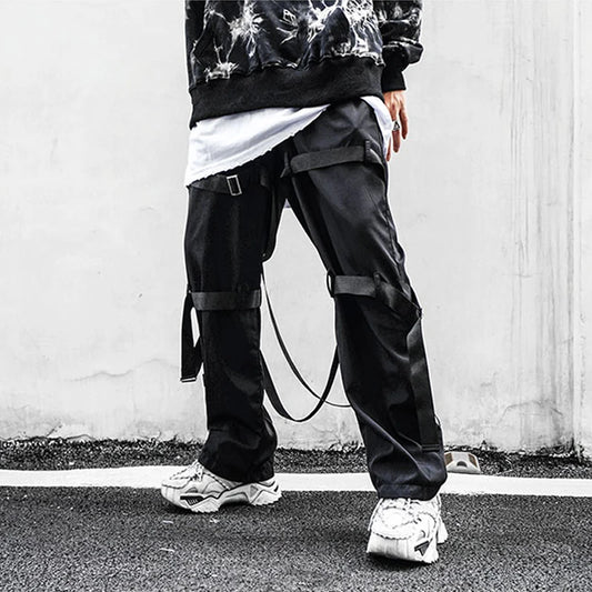 back zipper loose elastic waist cargo pants autumn new streetwear drawstring pants trousers men harajuku twine belts casual pant utility cargo pants