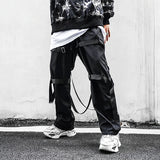 back zipper loose elastic waist cargo pants autumn new streetwear drawstring pants trousers men harajuku twine belts casual pant utility cargo pants