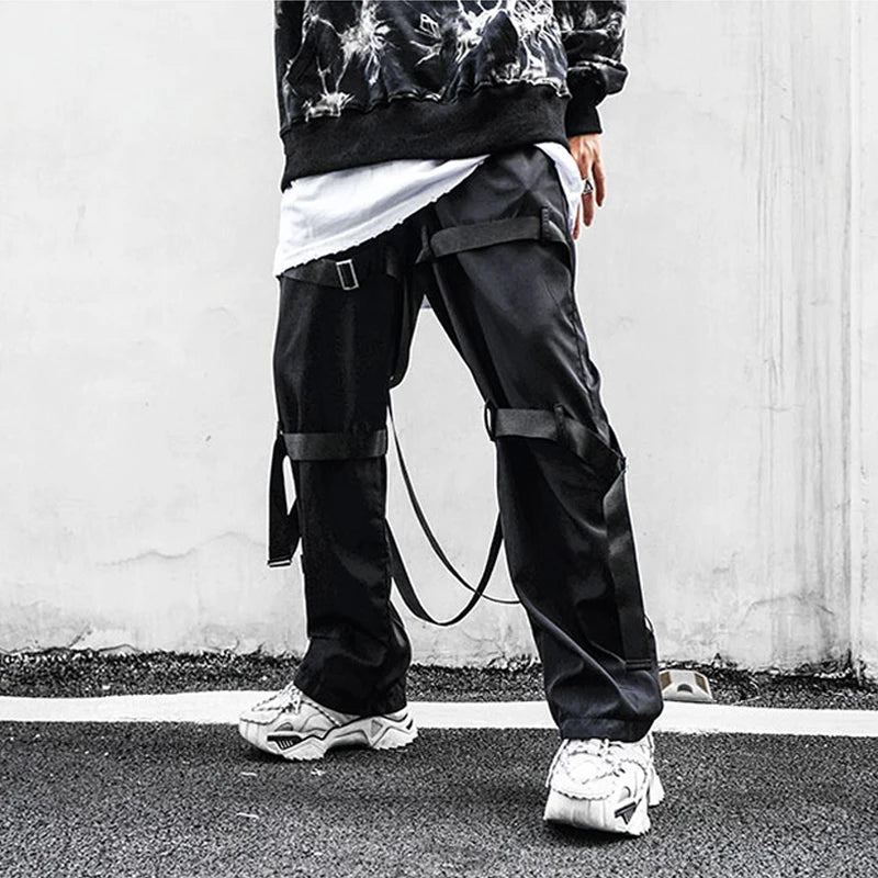 back zipper loose elastic waist cargo pants autumn new streetwear drawstring pants trousers men harajuku twine belts casual pant utility cargo pants