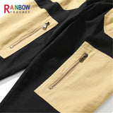 rainbowtouches men fashion retro casual splicing solid color straight cargo zipper pocket pants hip hop high street long trouser utility cargo pants