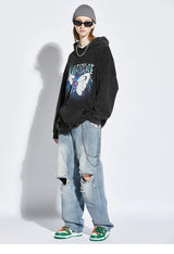 2023 Men Hip Hop Hoodie Sweatshirt Lightning Butterfly Streetwear Hoodie Retro Vintage Washed Black Hooded Pullover Harajuku