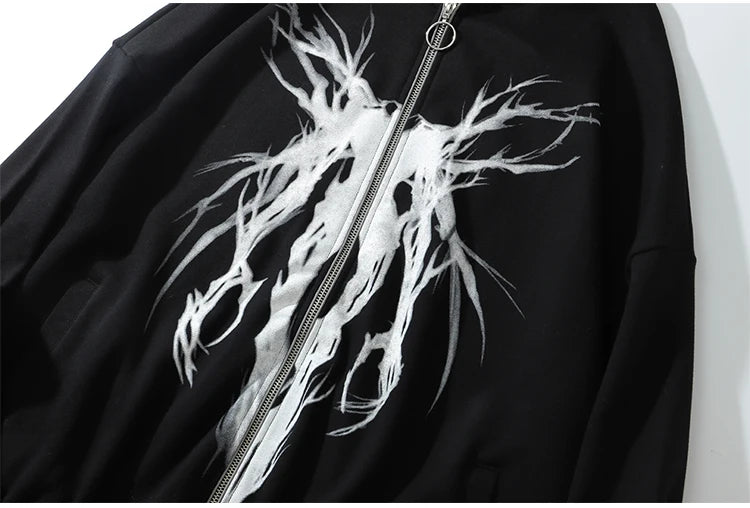 Aolamegs Punk Graphic Print Zipper Ribbon Hooded Hoodie Men Casual Bla