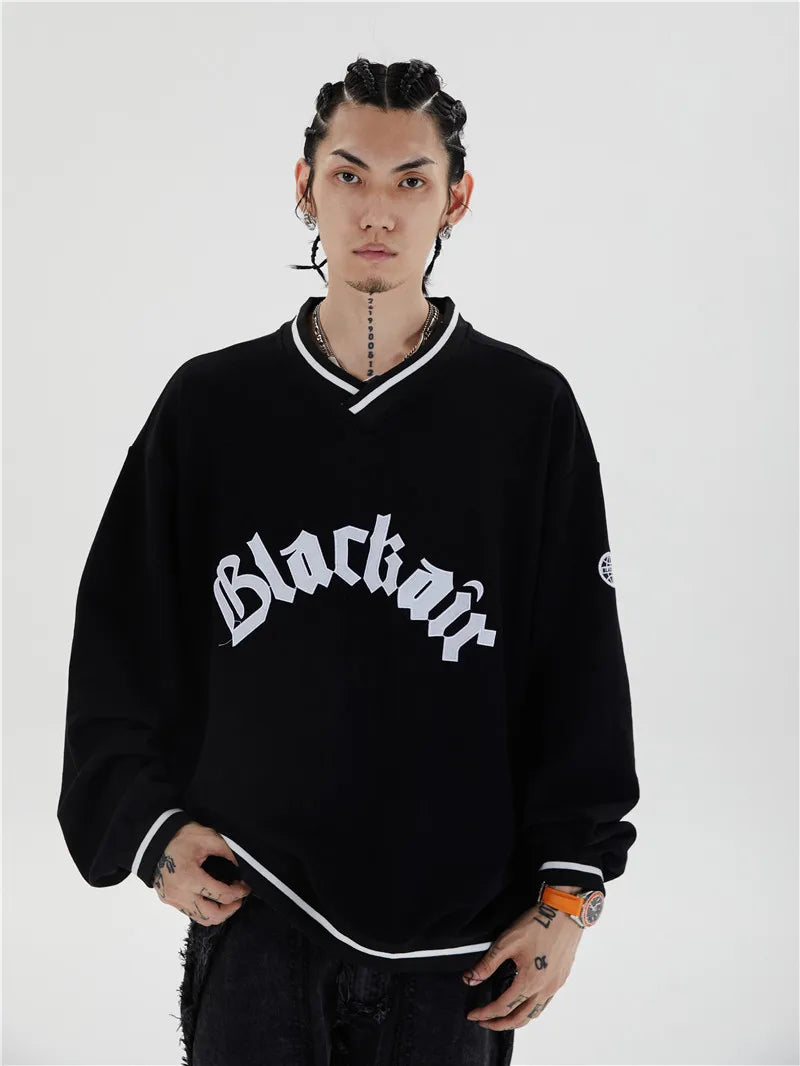 Mens Letter Embroidery Tshirt Tops Men V Neck Long Sleeve Loose Tees Hip Hop Solid Color Oversize Skateboard Streetwear Pullover