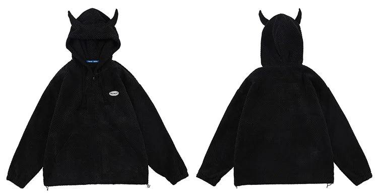 Aolamegs Hoodies Men Twist Knitting Demon Horns Solid Color Zipper Coa