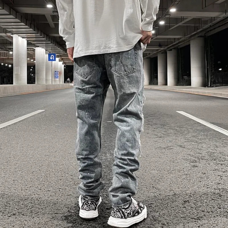 men ripped holes denim jean pants hip hip new fashion straight patchwork pants new casual jeans streetwear mens trousers joggers streetwear sweatpants