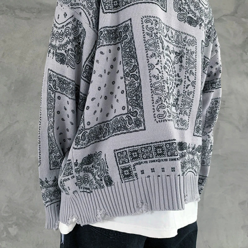 hip hop paisley printed ripped knitted holes sweater mens autumn winter long sleeve pullover streetwear loose sweaters clothing aesthetic street look hoodie, streetwear fashion hoodie, trendy hip hop style outerwear