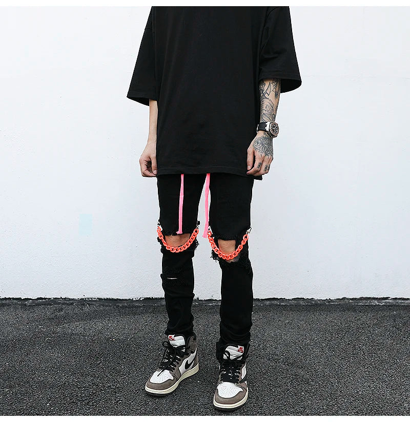 high street knee hole with chain ripped biker jeans mens slim fit denim pants autumn new streetwear casual hip hop pants joggers unique joggers style 4259