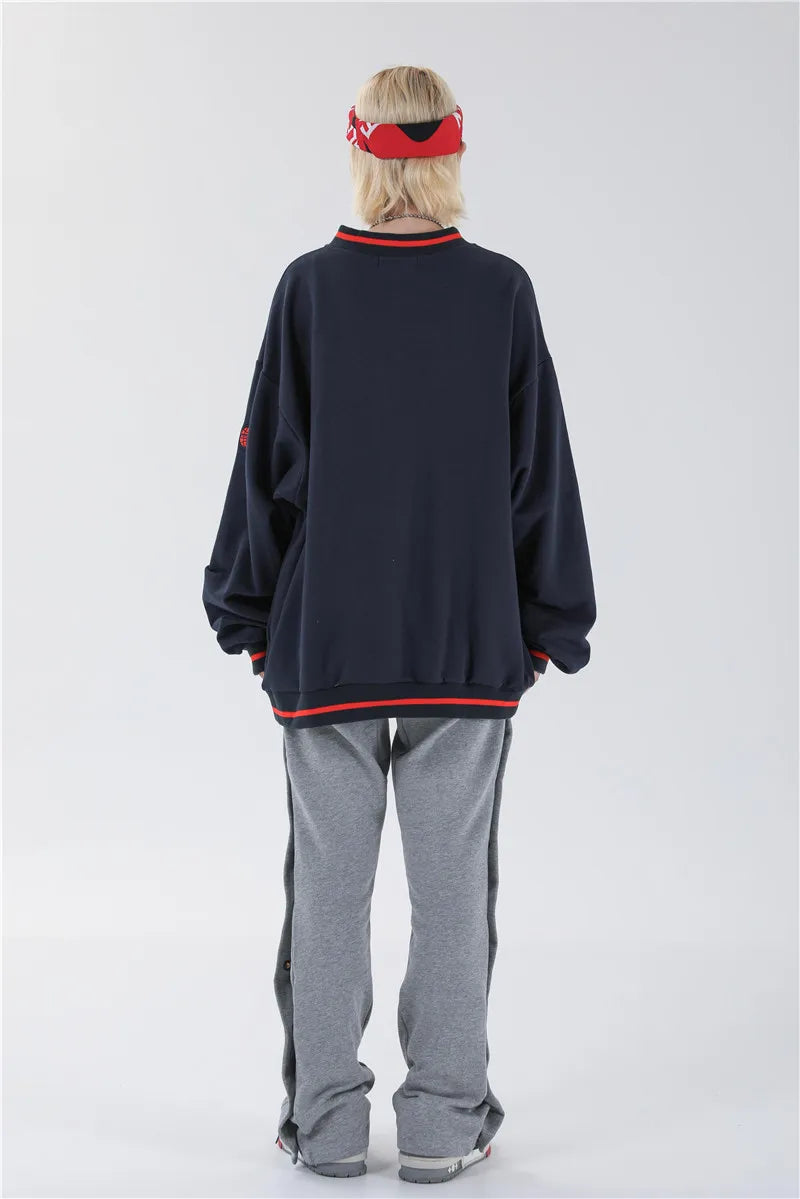 Mens Letter Embroidery Tshirt Tops Men V Neck Long Sleeve Loose Tees Hip Hop Solid Color Oversize Skateboard Streetwear Pullover