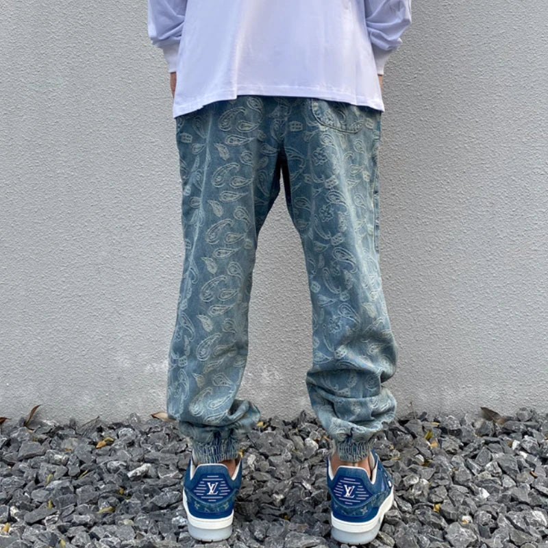hip hop loose fit elastic waist pants fashion embroidery denim ankle pants mens new casual drewstring sportwear pants joggers sporty tapered joggers