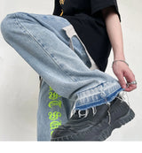 fashion letters embroidery denim flare jeans mens high street elastic waist straight trouser hip hop streetwear pants joggers unique joggers style 4806