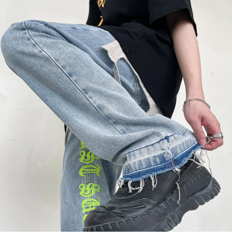 fashion letters embroidery denim flare jeans mens high street elastic waist straight trouser hip hop streetwear pants joggers unique joggers style 4806
