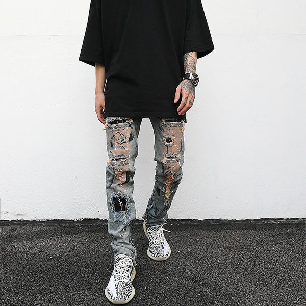 bottom zipper destroyed jeans skinny jeans ripped slim men biker jeans fashion graffiti printed streetwear hip hop pants joggers streetwear sweatpants