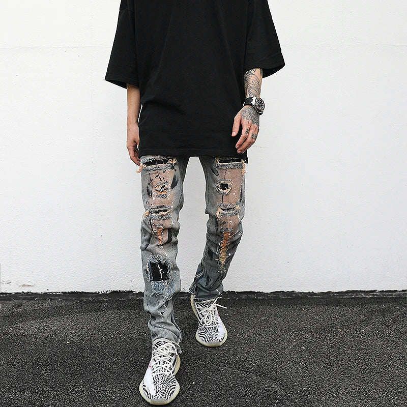 bottom zipper destroyed jeans skinny jeans ripped slim men biker jeans fashion graffiti printed streetwear hip hop pants joggers streetwear sweatpants