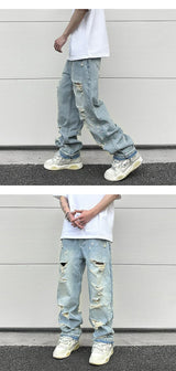 washed blue oversized torn jeans for men streetwear hip hop large destroyed wide leg jeans baggy straight ripped denim pants unique jeans style 5445