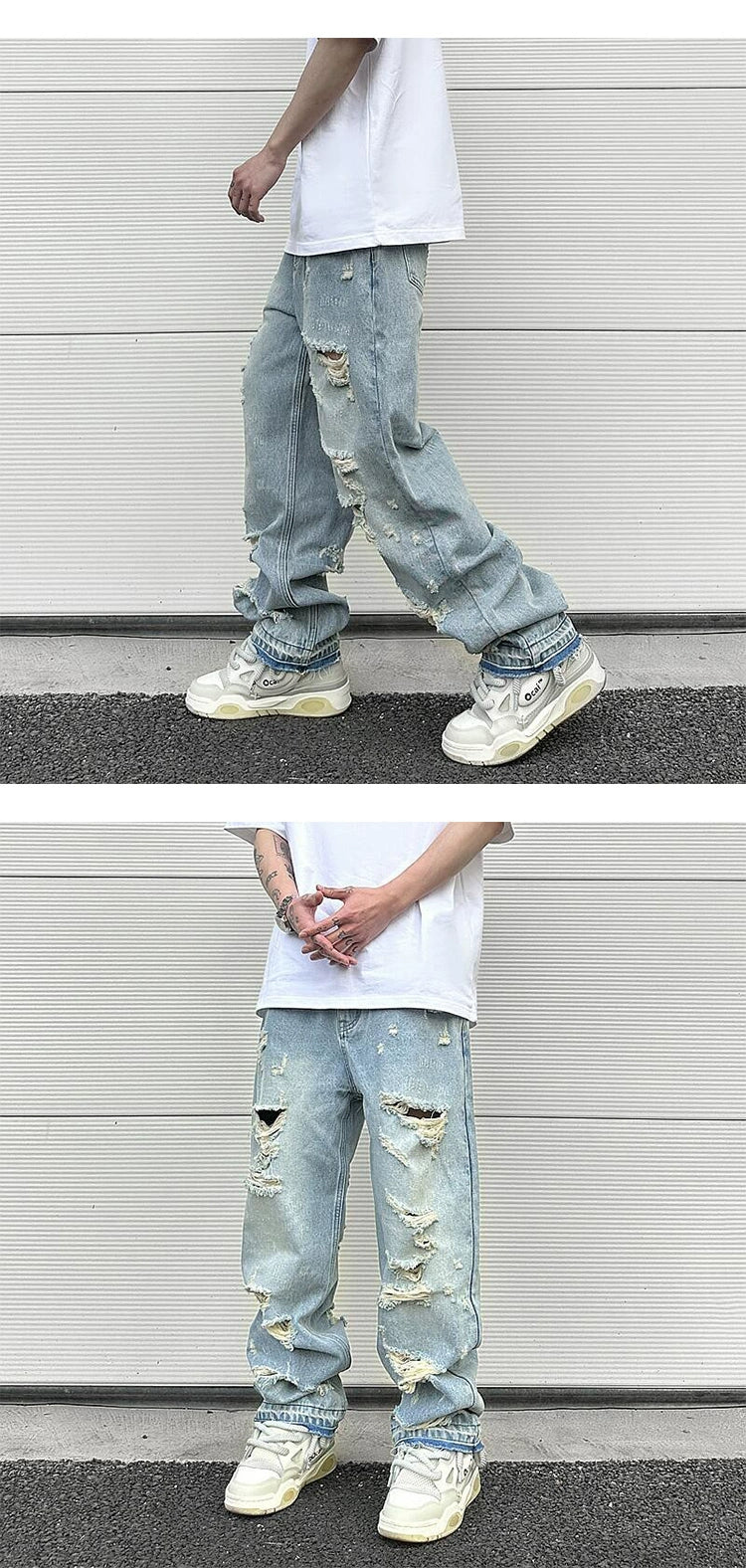 washed blue oversized torn jeans for men streetwear hip hop large destroyed wide leg jeans baggy straight ripped denim pants unique jeans style 5445