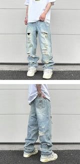 washed blue oversized torn jeans for men streetwear hip hop large destroyed wide leg jeans baggy straight ripped denim pants unique jeans style 5444