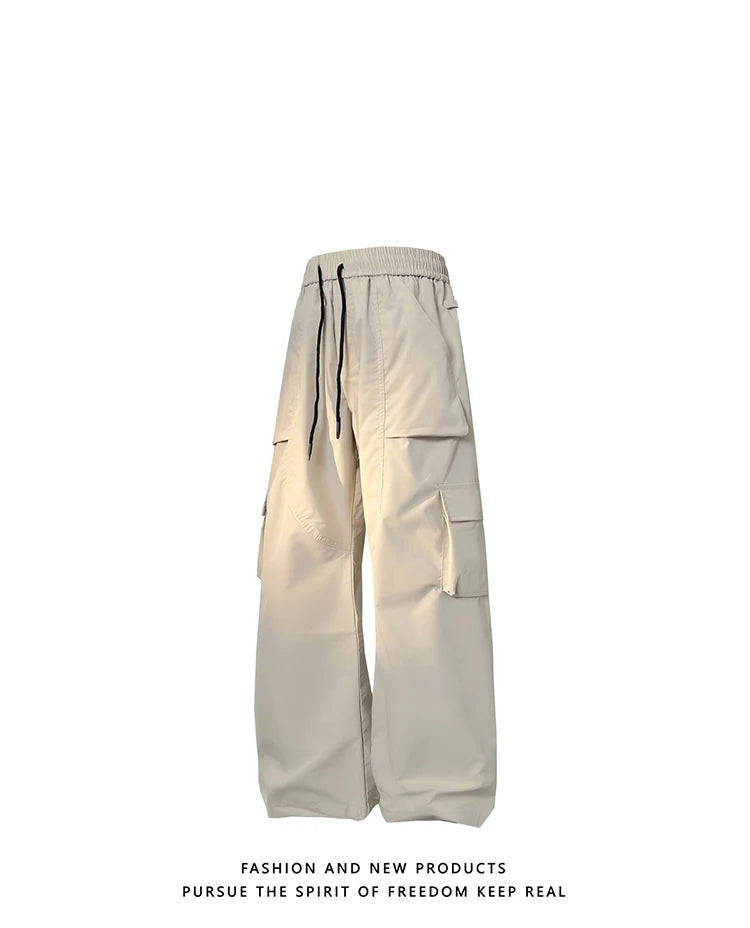 multi pocket mens wide leg straight cargo pants korean fashion track pants male casual loose mopping trousers four seasons unique cargo style 1027