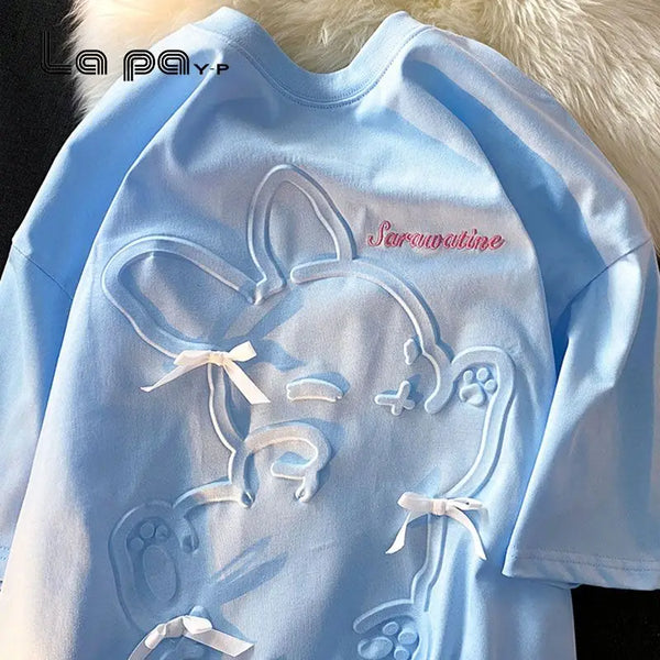 Skatercore Top – 3D Embossed Rabbit Cartoon T Shirts Students Girls Kawaii Te – Modern Streetwear for Everyone
