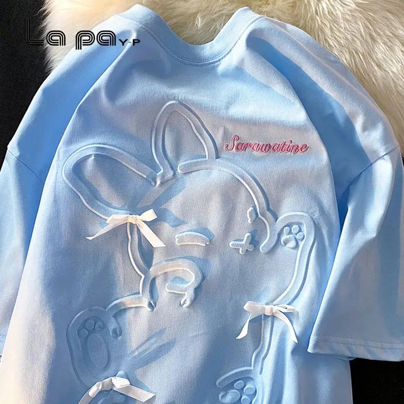 Skatercore Top – 3D Embossed Rabbit Cartoon T Shirts Students Girls Kawaii Te – Modern Streetwear for Everyone