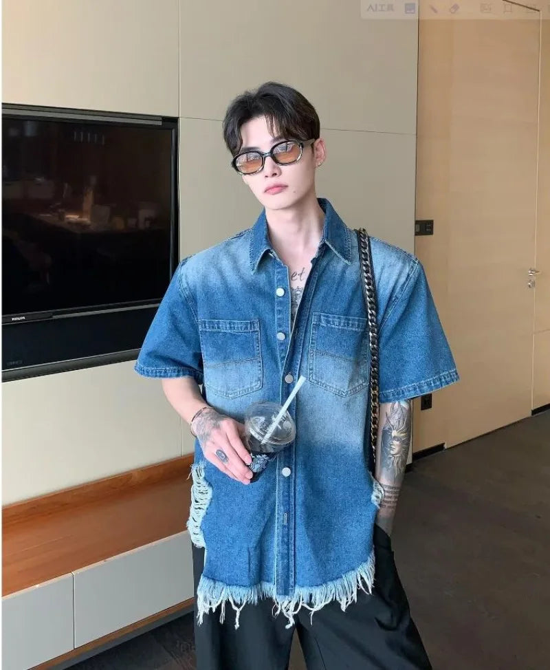 fashion high street mens set 2024 multi pocket short sleeved denim shirt casual straight leg pants 2 pcs set summer suit unisex unique jeans style 4493