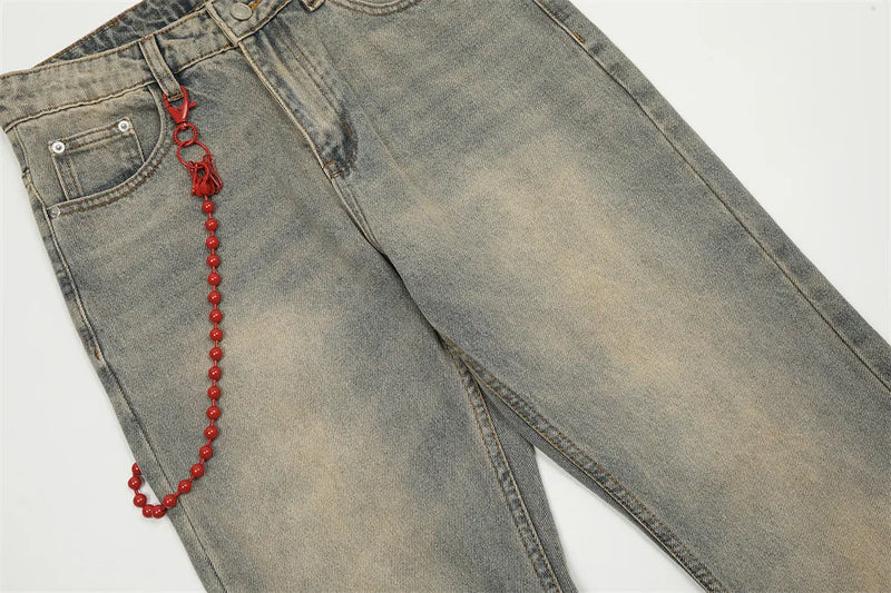 red chain pendant washed vintage jeans men women streetwear fashion hip hop loose casual wide leg denim jeans pants trousers unique jeans style 1473