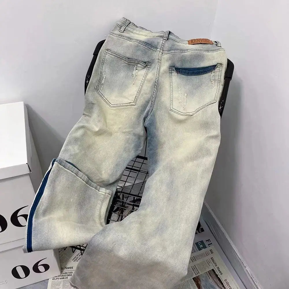 men and women trendy high street retro washed ripped color blocked jeans summer hip hop loose straight leg casual pants y2k ripped baggy denim