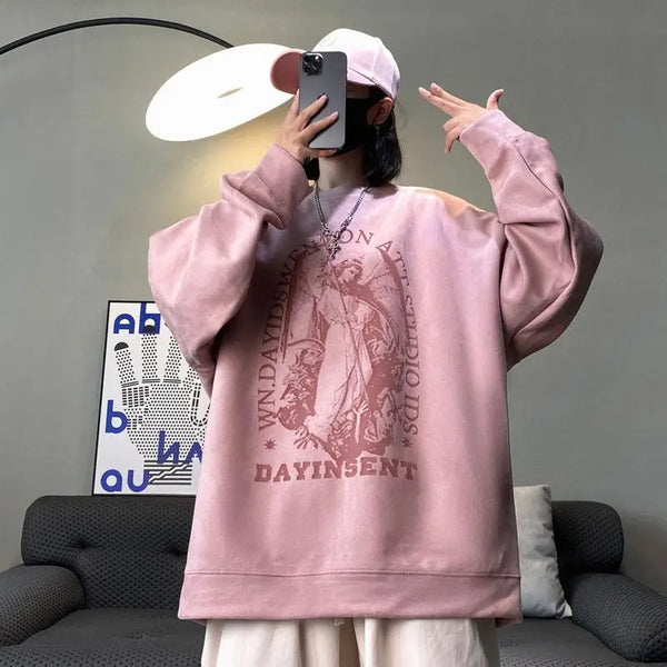 Autumn Korean Personality Street Boys Unisex Round Neck Sweatshirt Trendy American Couple Suede Long-sleeved Shirt Top
