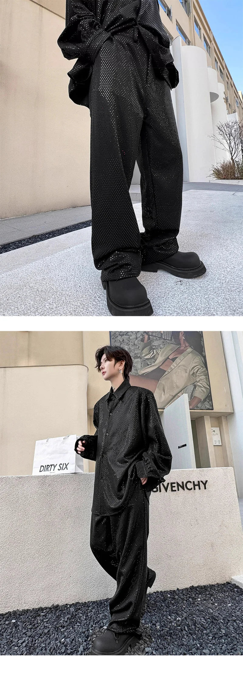 mens sequin 2 piece sets loose casual long sleeve shirt pant stage fashion party show clothing dress shirts trousers costumes unique default style 2886