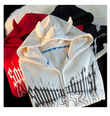 Y2K Kawaii Devil Horn Tail Hip Hop Badge Print Hoodies Cardigan Couple
