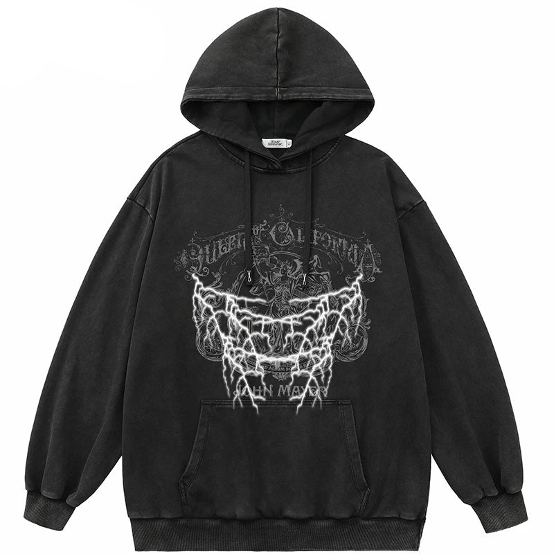 2023 Hip Hop Streetwear Hoodie Sweatshirt Washed Retro Graphic Lightni